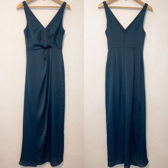 After Six Whisper Satin Vneck Faux Wrap Tulip Evergreen Bridesmaid Dress 4 NWT - Picture 1 of 9